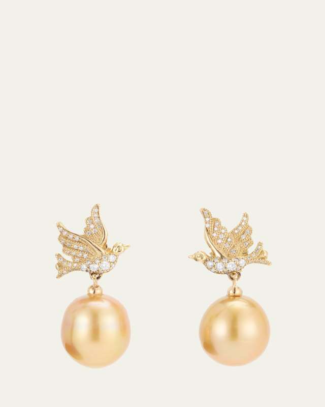 18K Yellow Gold Love Birds Pearl Drop Earrings with Diamonds